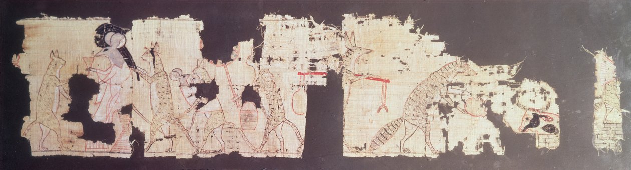 Satirisk papyrus, der viser en mus, der betjenes af katte (papyrus) af New Kingdom Egyptian