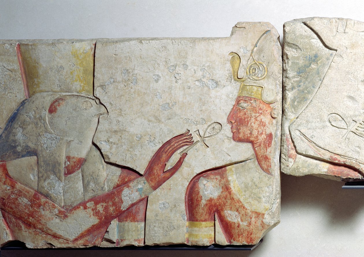Mødet mellem Farao og Horus, detalje fra en frise, der forestiller Ramses II (1298-32 f.Kr.) blandt guderne, fra Abydos, ca. 1275 f.Kr. (malet sten) af New Kingdom Egyptian