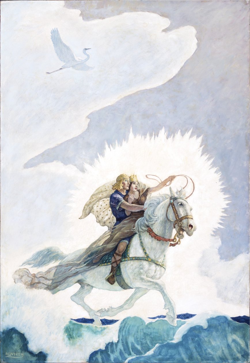 Oisín Rides to the Land of Youth, 1940 (olie på renæssancepanel) af Newell Convers Wyeth