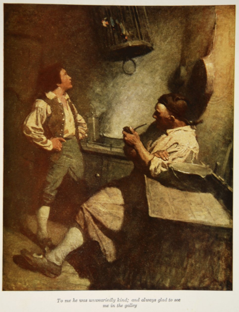 Han var utrætteligt venlig mod mig og altid glad for at se mig i galejen, illustration fra "Treasure Island" af Robert Louis Stevenson, udgivet af Charles Scribner