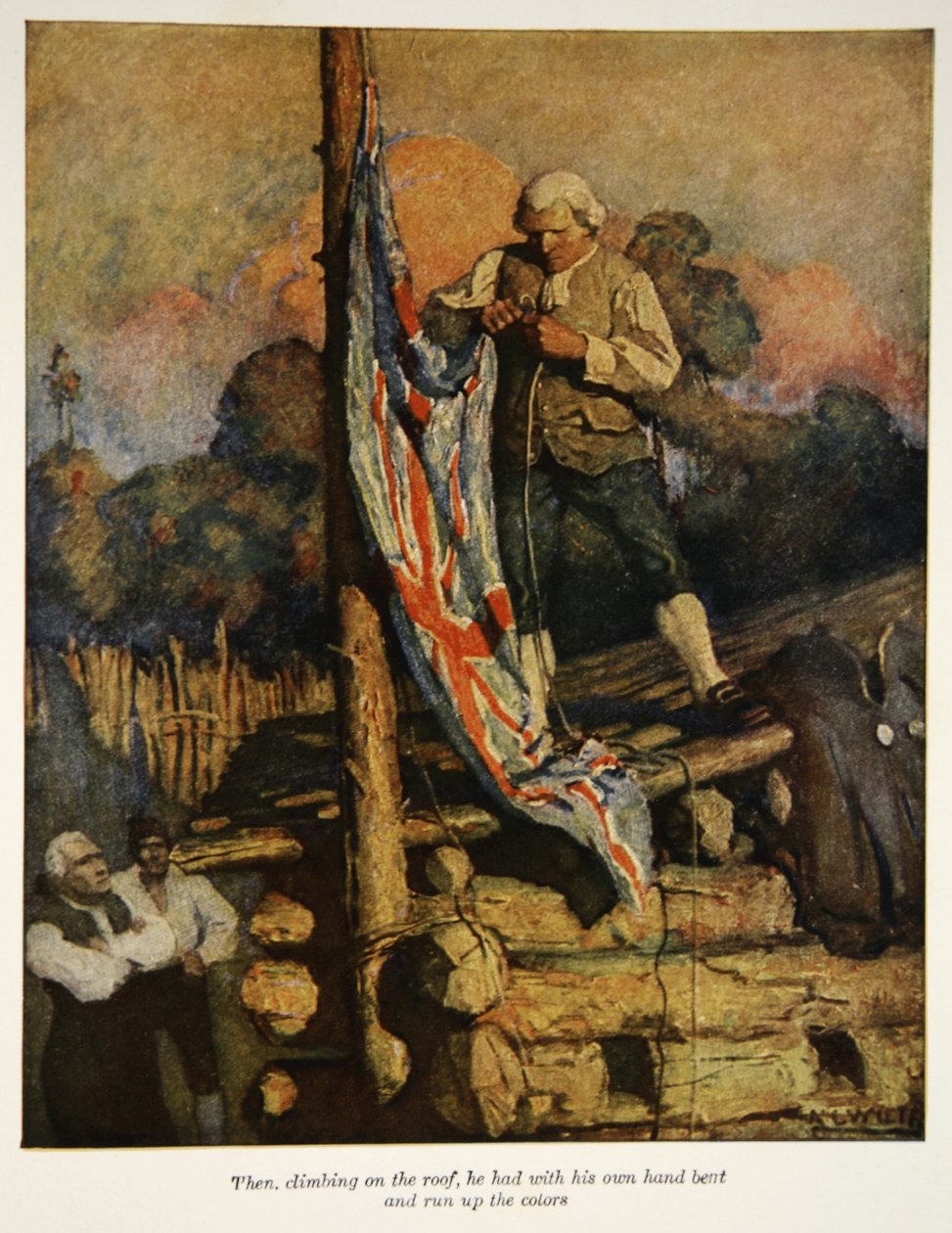 Da han klatrede på taget, havde han med sin egen hånd bøjet og kørt farverne op, en illustration fra 