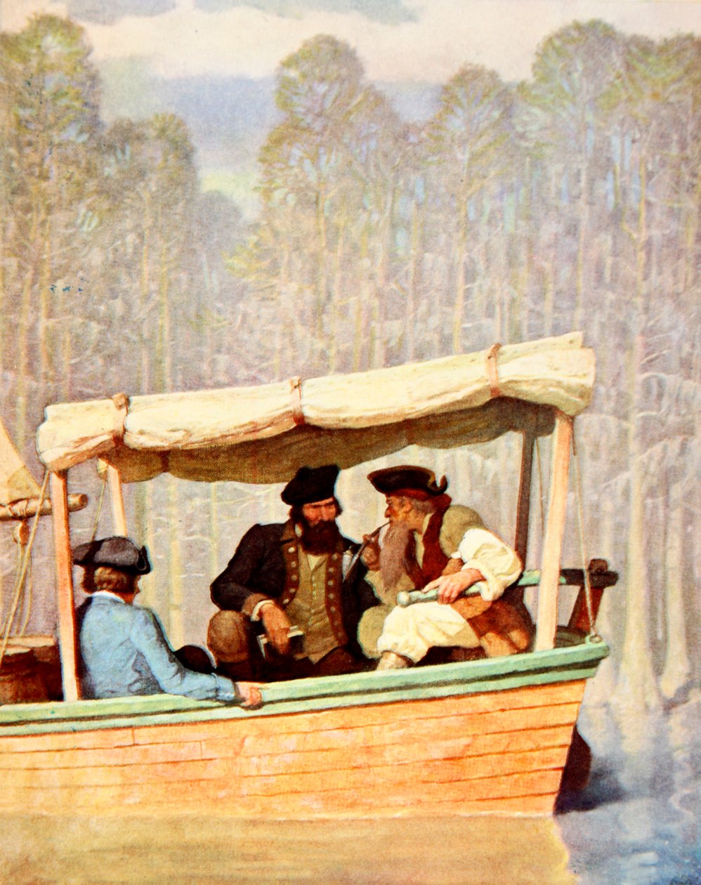 Kaptajn Flood ved et møde i en kutter (farve litho) af Newell Convers (after) Wyeth