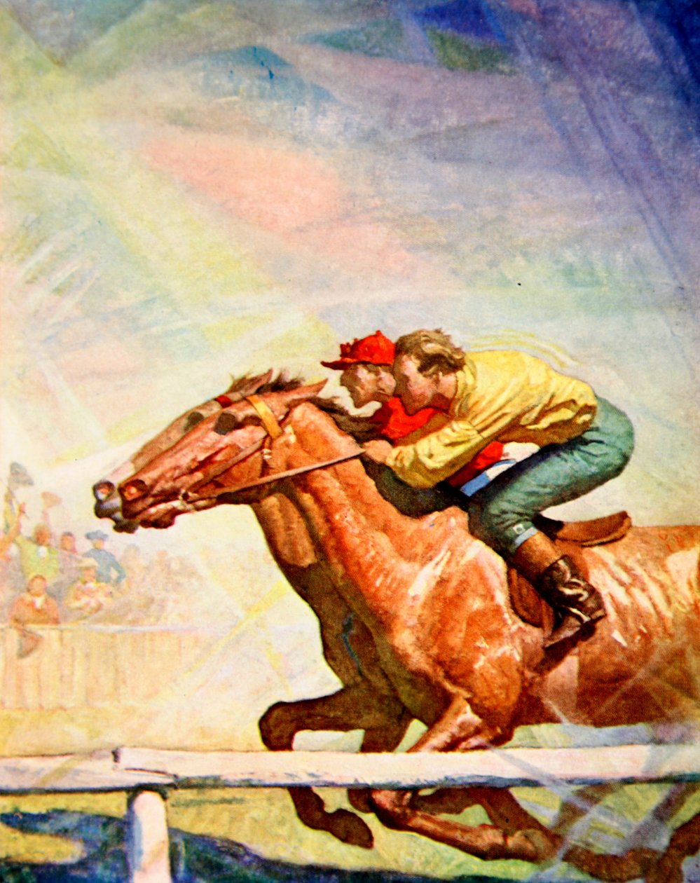 Bandende og pisk trak Jockeyen op til vinderposten (farve litho) af Newell Convers (after) Wyeth