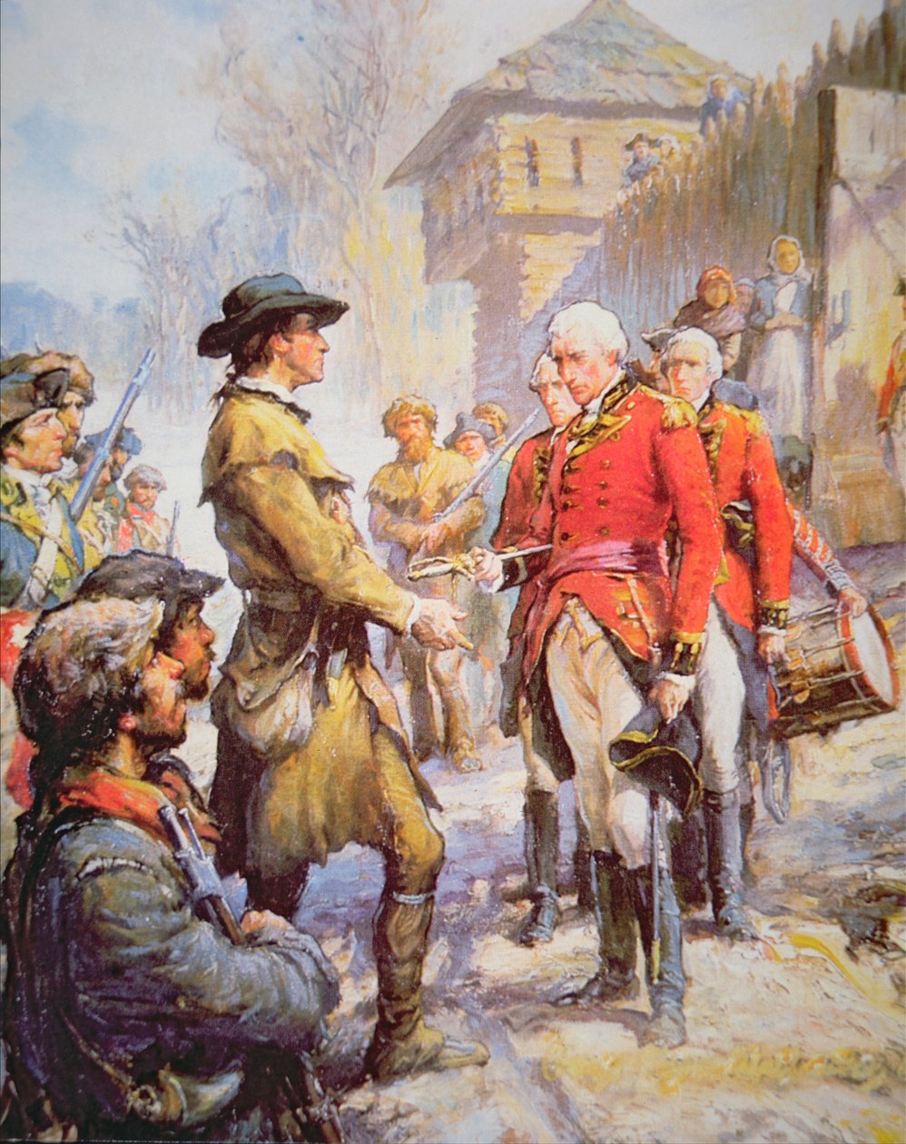 George Rogers Clark accepterer overgivelsen af den britiske kommandør Henry Hamilton ved Fort Sackville, 25. februar 1779 (farve litho) af Newell Convers (after) Wyeth