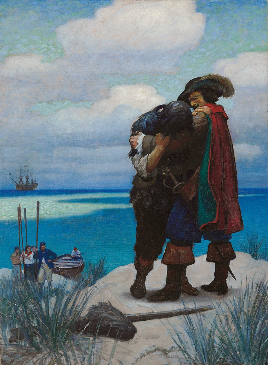 Først, i nogen tid, var jeg ikke i stand til at svare ham ét ord; Men da han havde taget mig i sine arme, holdt jeg fast ved ham, ellers skulle jeg være faldet til jorden af Newell Convers Wyeth