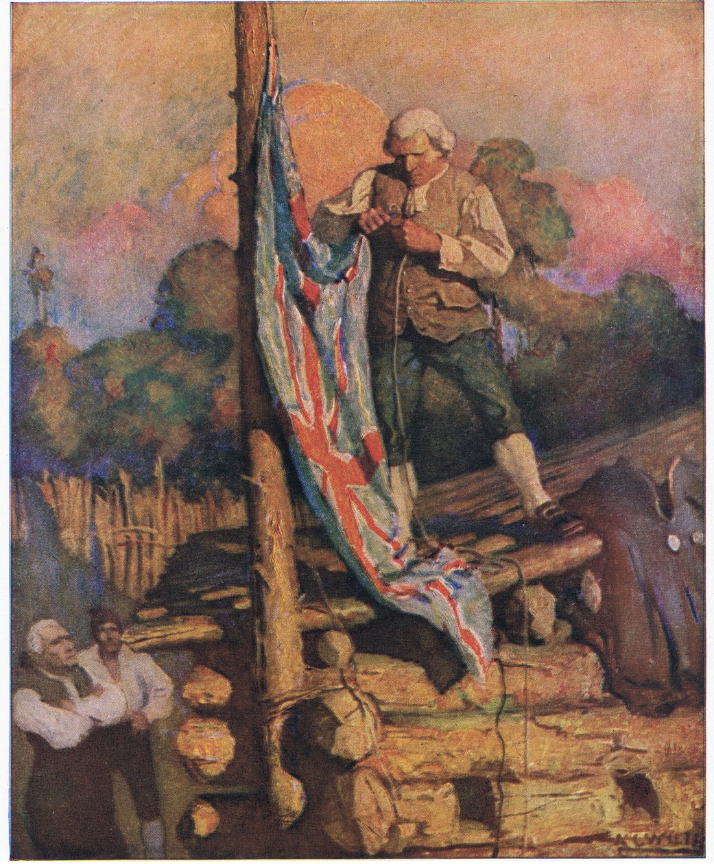 Kaptajn Smollett trodser mytteristerne: så klatrede han op på taget og løb med sin egen hånd op i farverne af Newell Convers Wyeth