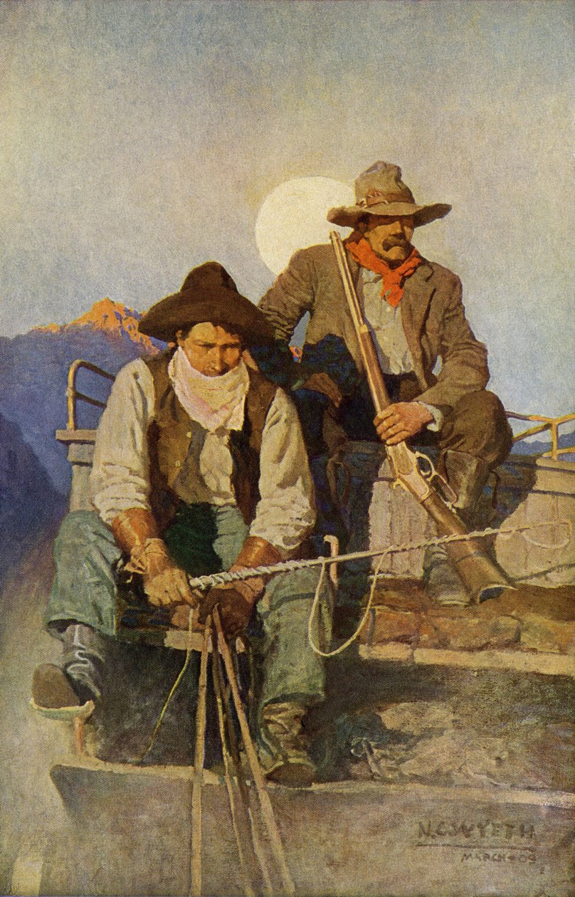 Diligence-fører og vagt med en hær, der krydser de vestlige regioner. Reproduktion af et maleri af N.C. Wyeth. af Newell Convers Wyeth