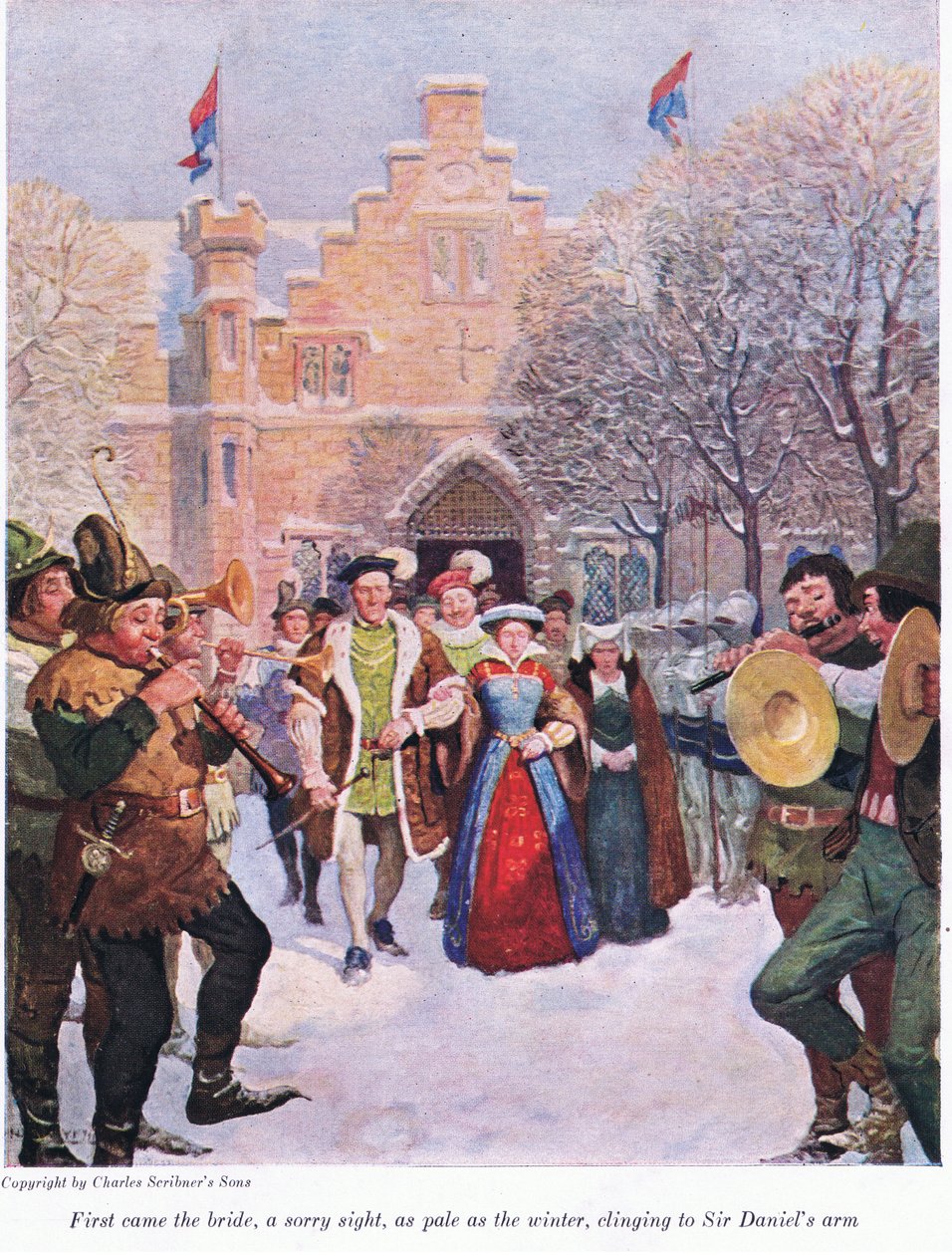 Først kom bruden, et trist syn, så bleg som vinteren, klyngende til Sir Daniels arm, 1916 af Newell Convers Wyeth