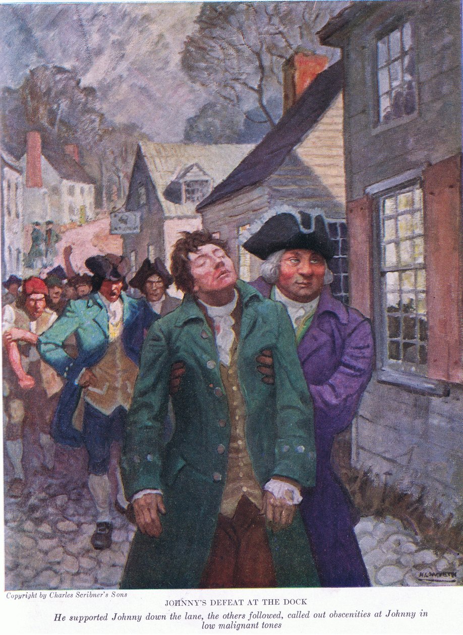 Johnnys nederlag på havnen: Han støttede Johnny ned ad vejen. De andre fulgte efter og råbte skældsord i lave ondskabsfulde toner, 1928 af Newell Convers Wyeth