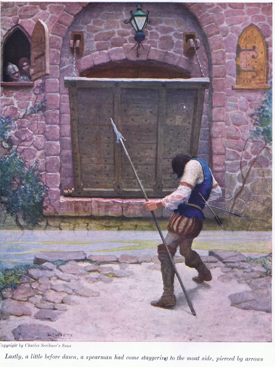 Til sidst lidt før daggry er en spydmand kommet vaklende til voldgravssiden, gennemboret af pile, 1916 af Newell Convers Wyeth