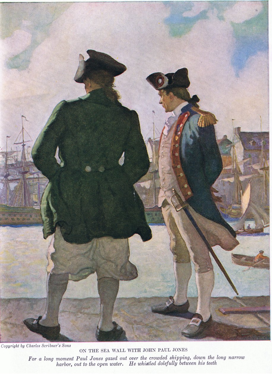 På havmuren med John Paul Jones: I et langt øjeblik stirrede John Paul ud over skibsfarten langs havnen til det åbne vand, 1928 af Newell Convers Wyeth