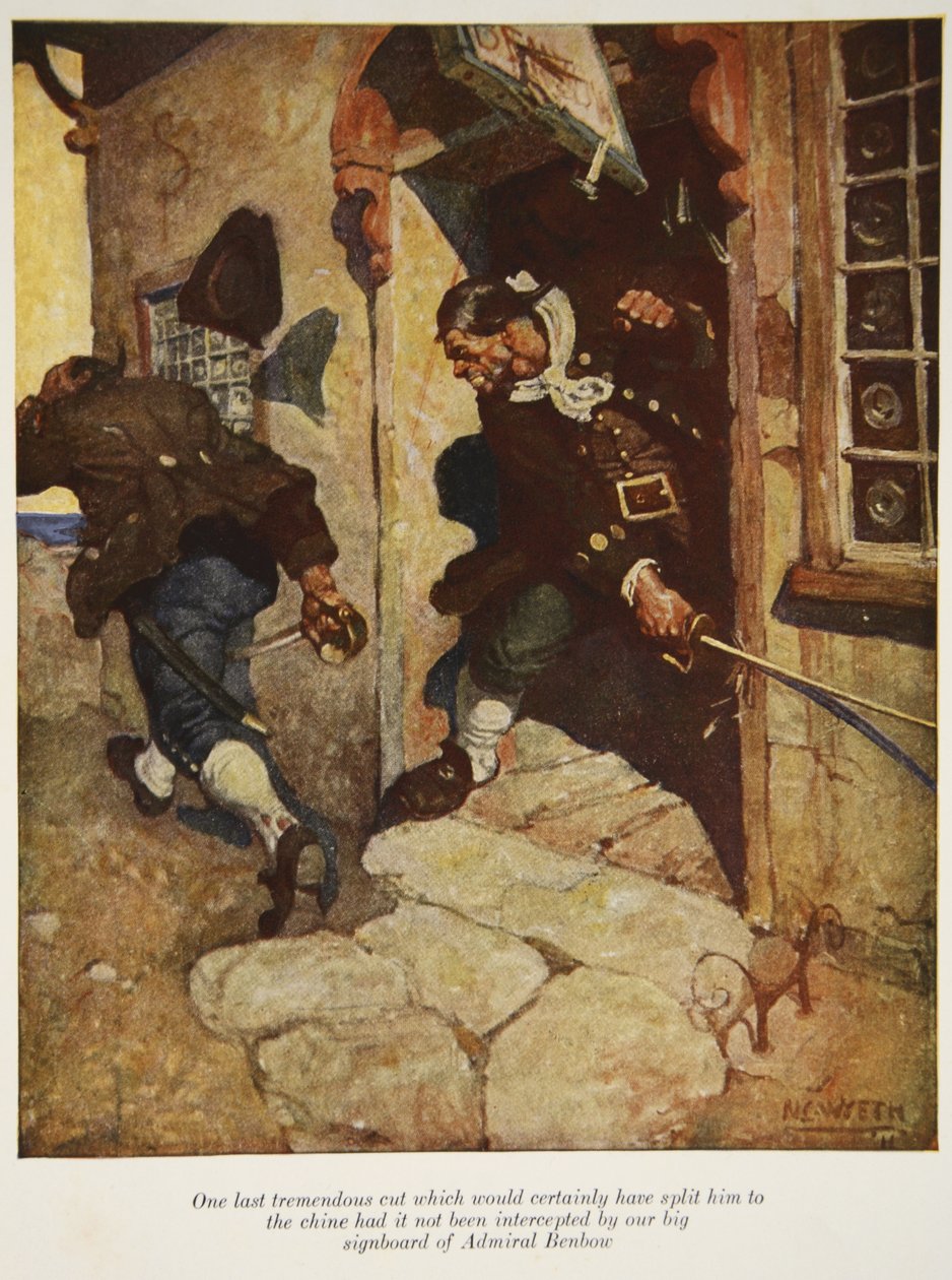 Et sidste enormt snit, som helt sikkert ville have splittet ham, hvis det ikke var blevet opsnappet af vores store skilt af Admiral Benbow, en illustration fra Treasure Island af Robert Louis Steve af Newell Convers Wyeth