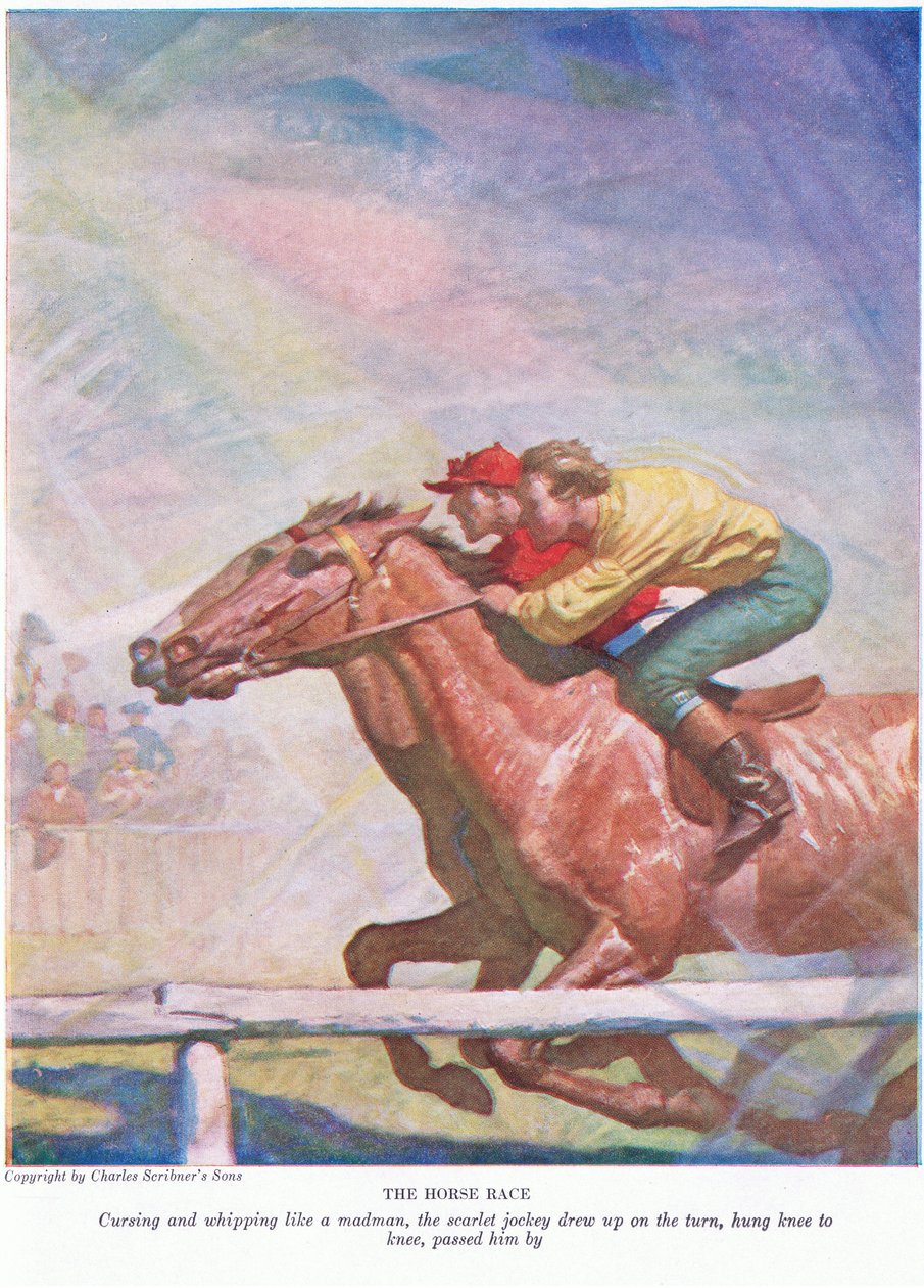 Hestevæddeløbet: Bandede og piskede som en sindssyg trak den skarlagenrøde jockey op på svinget, hang knæ mod knæ, gik forbi ham, 1928 af Newell Convers Wyeth
