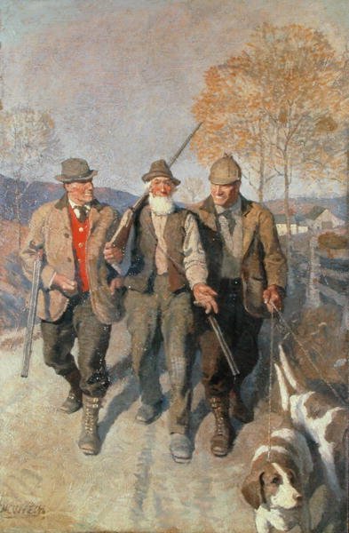 Three Hunters and Hounds (olie på lærred) af Newell Convers Wyeth