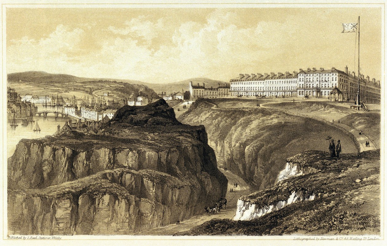 Whitby, Khyber Pass (England), med en oversigt over byens bygninger og fort. Litografi, graveret af Newman  Co, udgivet af S.Reed. af Newman & Co.