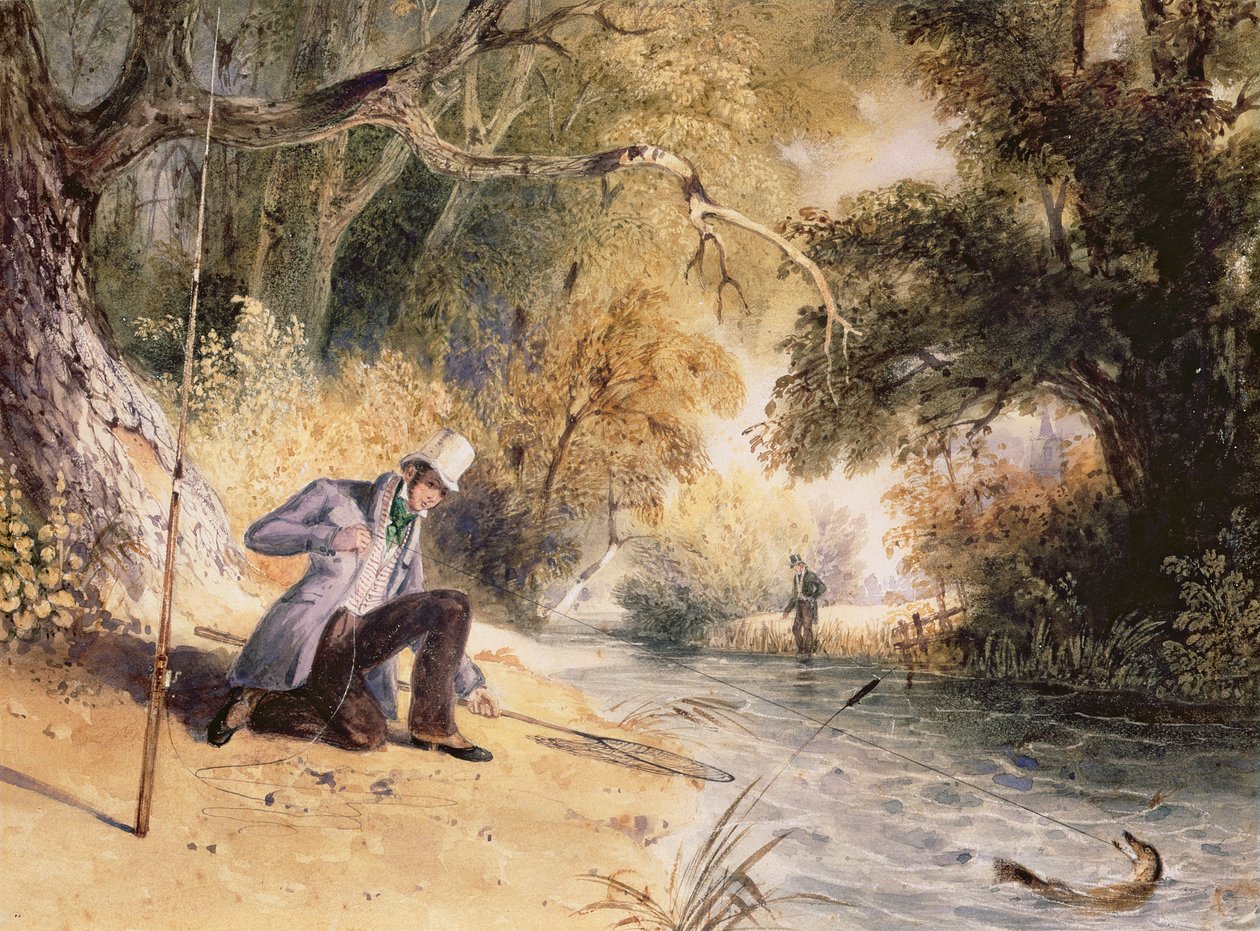 Pike Fishing, Landing a Jack, ca. 1839 (akvarel på papir) af Newton Fielding