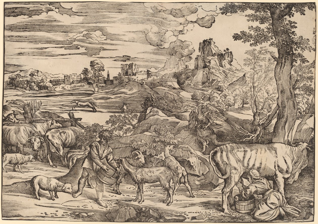 Landskab med en malkepige af Niccolò Boldrini after Titian