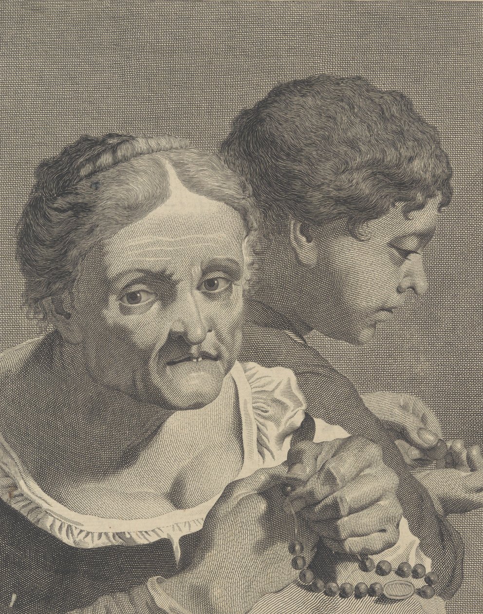 Kopi på bagsiden af en gammel kvinde med rosenkrans og en dreng, der tæller mønter, tallerken 10 fr..., ca. 1750-90. af Niccolò Cavalli