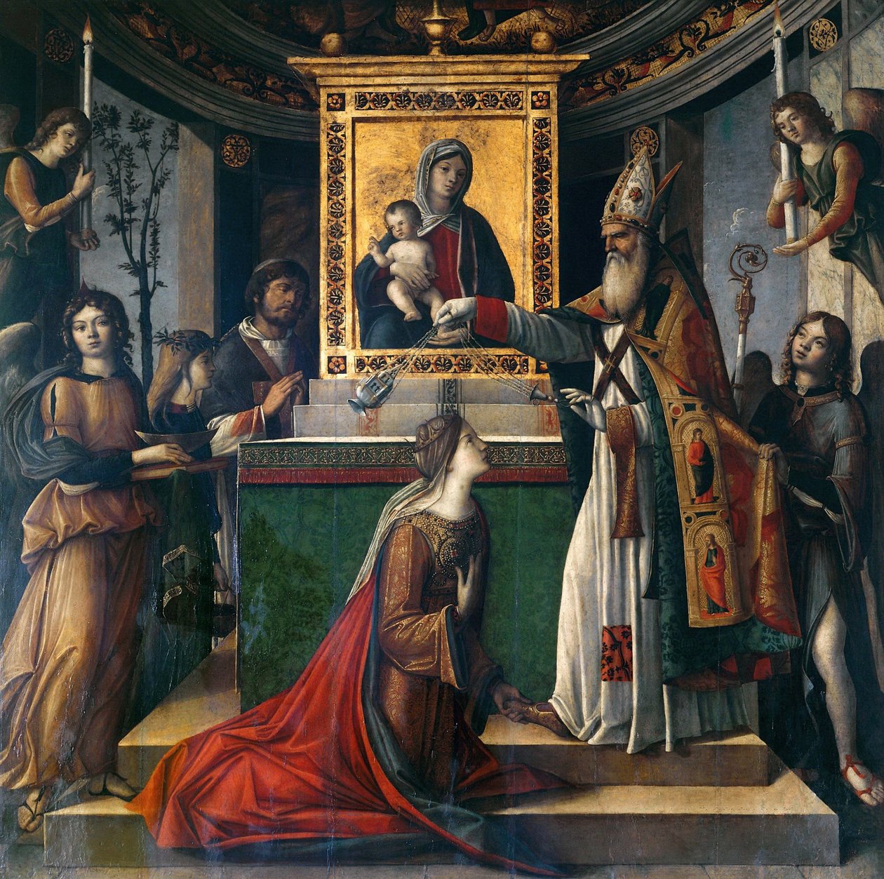 Sankt Johannes evangelisten viser sig for kejserinde Galla Placidia, ca 1490-1510. af Niccolò Rondinelli