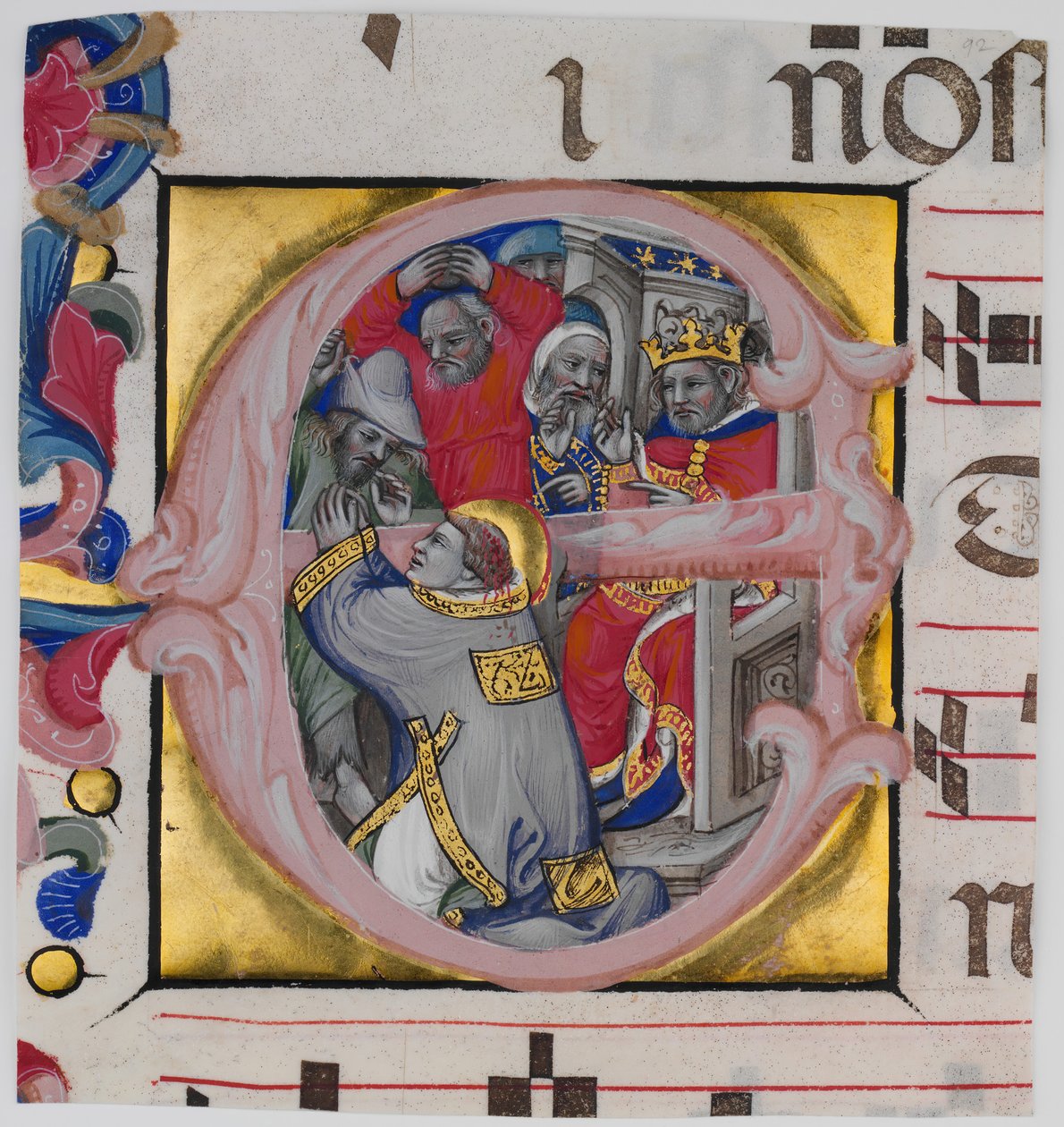 Manuskriptbelysning med Sankt Stefans martyrium i en indledende E..., c1394-1402. af Niccolò di Giacomo da Bologna
