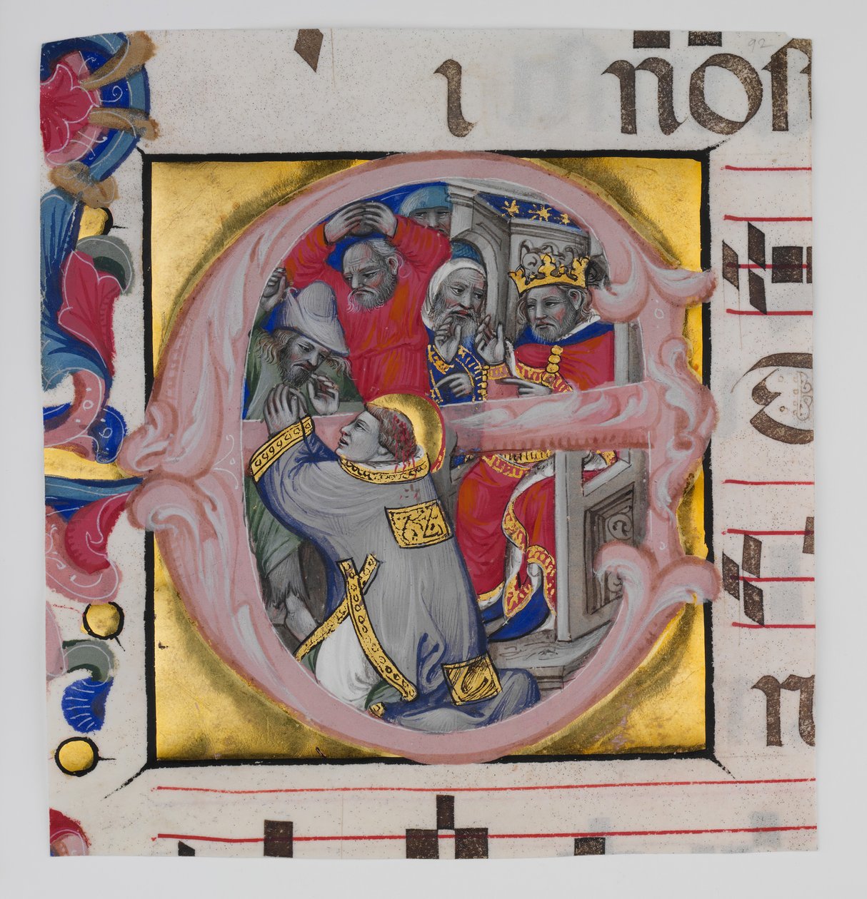 Manuskriptbelysning med Sankt Stefans martyrdød i en indledende E..., ca. 1394-1402. af Niccolò di Giacomo da Bologna