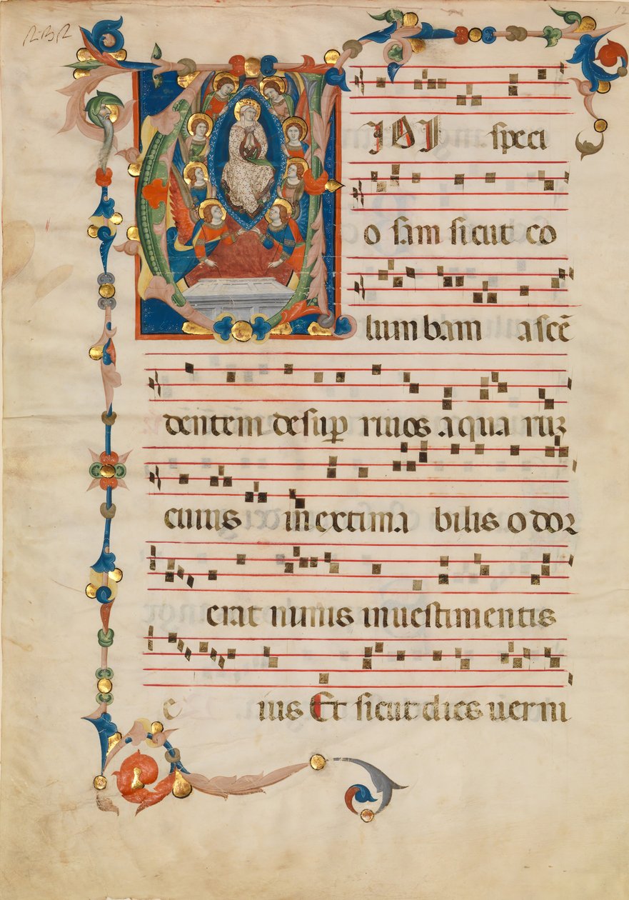 Manuskriptblad med Jomfruens antagelse i et indledende V, fra et antifonarium, ca. 1340. af Niccolò di ser Sozzo