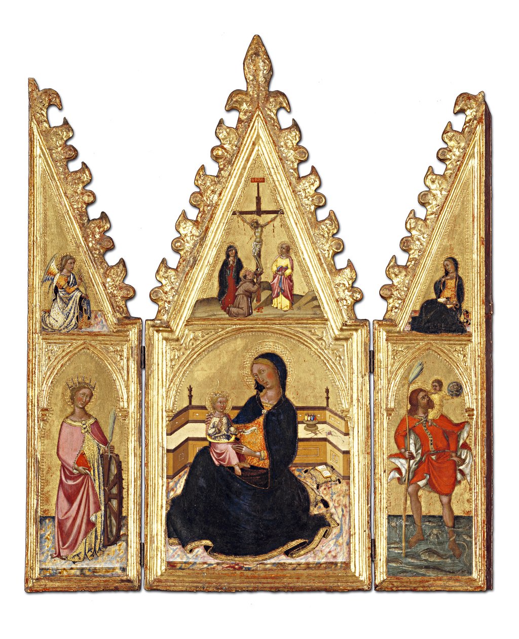 Ydmyghedens Madonna med den hellige Katarina af Alexandria, den hellige Christopher, bebudelsen og korsfæstelsen, ca. 1370-75 (tempera på panel) af Niccolo di Buonaccorso