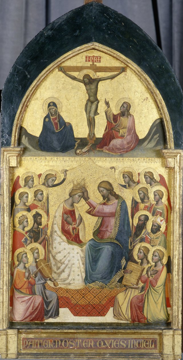 Jomfruens kroning med engle, helgener og korsfæstelsen, ca. 1405 (tempera på poppeltræ) af Niccolo di Pietro workshop of Gerini