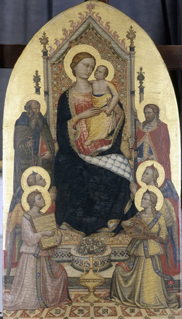Madonna på tronen med barnet, de hellige Anthony og Julian og fire engle (tempera på poppeltræ) af Niccolo di Pietro workshop of Gerini