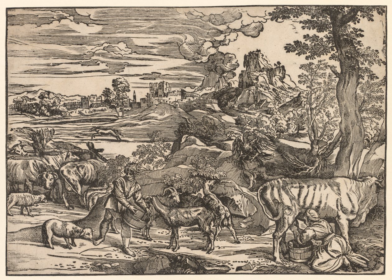 Landskab med en mælkepige, ca. 1525. af Niccolo Boldrini