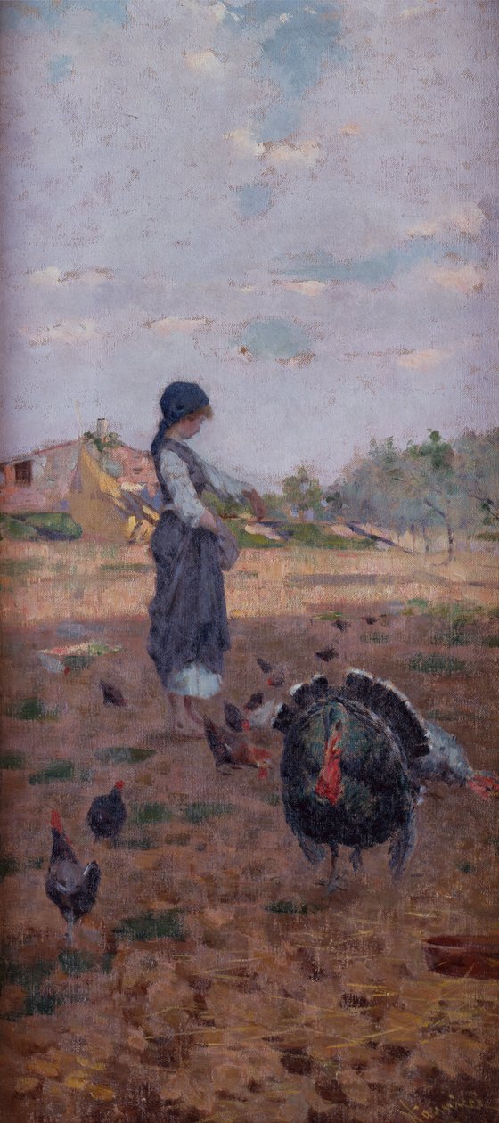 En ung pige fodrer kalkuner (olie på lærred) af Niccolo Cannicci