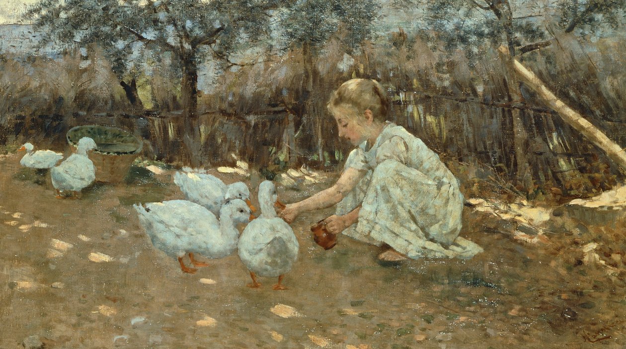 Den lille gåseflok, ca. 1892, af Niccolo Cannicci (1846-1906), olie på lærred, 40,5x70,5 cm. af Niccolo Cannicci