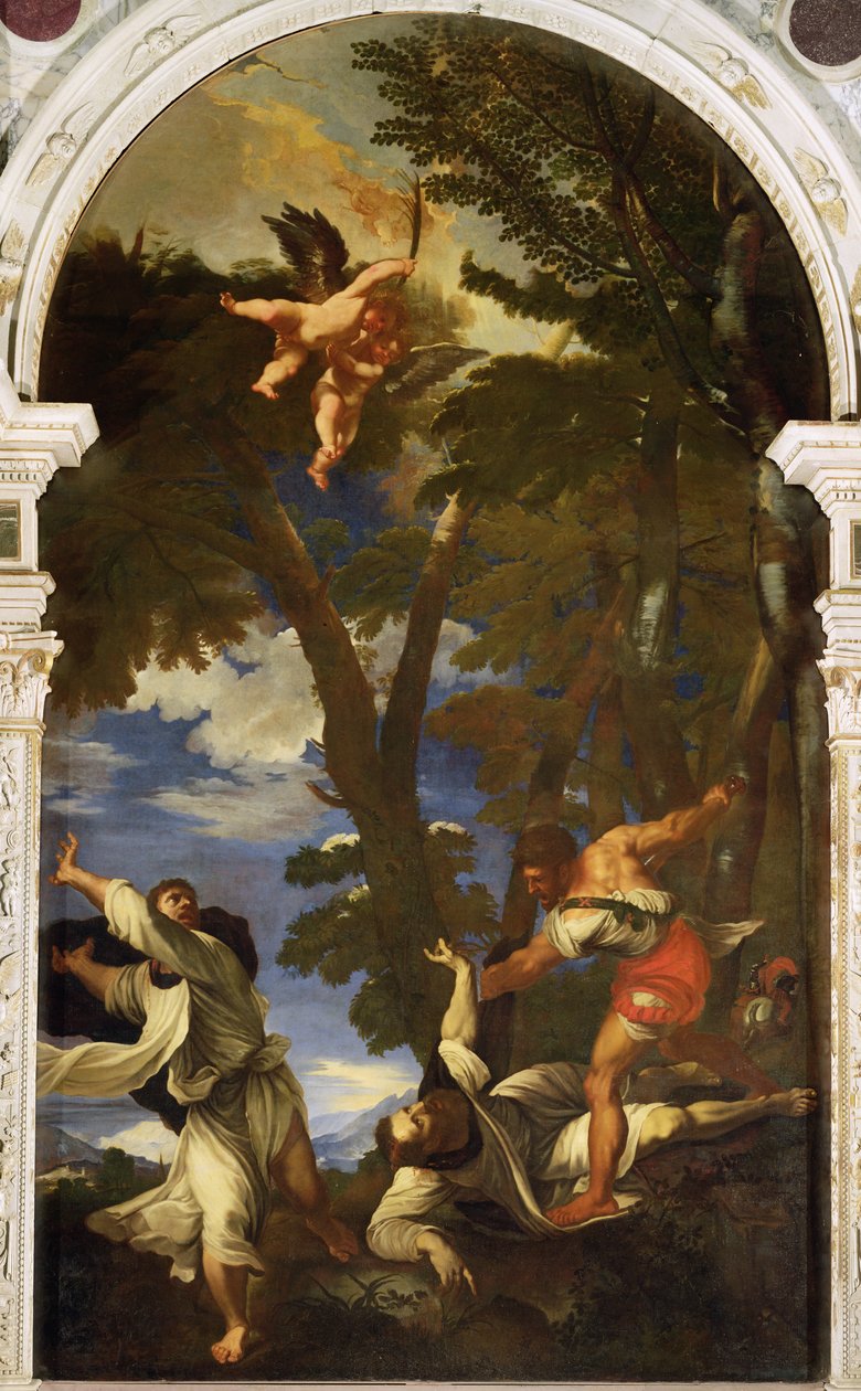 St. Peter Martyr stukket af lejemordere (kopi af maleriet af Tizian tabt i rosenkranskapellets brand) af Niccolo Cassana