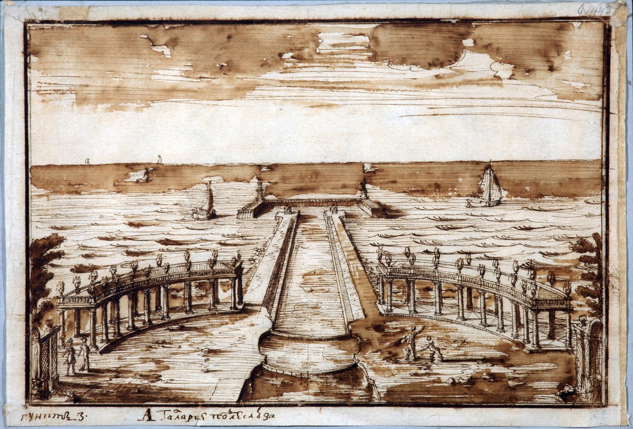 Colonnade ""Curves Gallery"" ved Gateway i Peterhof. Projekt - Nicola Michetti (1675-1759). Pen, brunt indisk blæk på papir af Niccolo Michetti