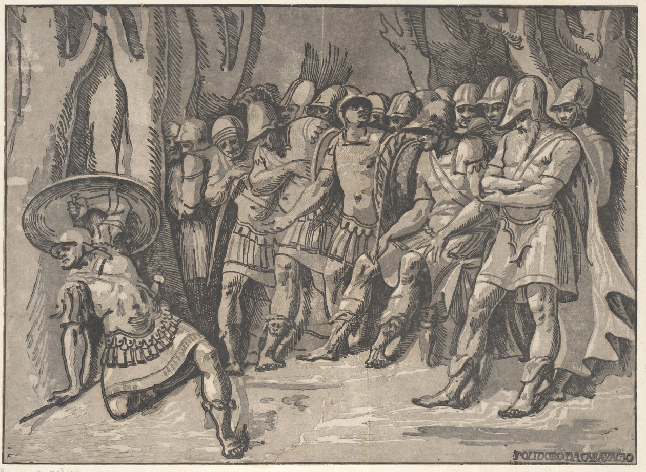 Ajax nederst til venstre holder et skjold højt, til højre står Agamemnon omgivet af hans..., 1540-50. af Niccolo Vicentino