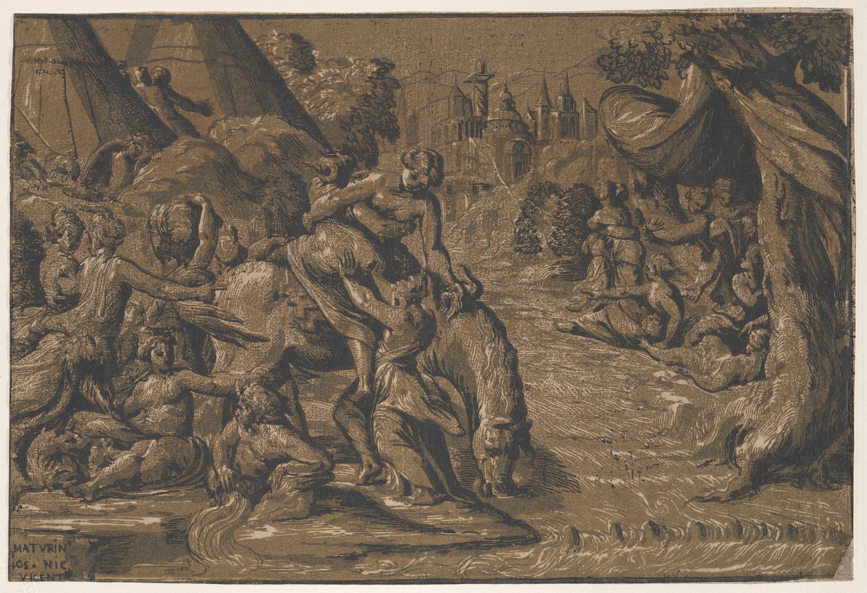 Cloelia den romerske helt i centrum bliver hjulpet op på en hest, Rom i baggrunden,..., 1540-50 af Niccolo Vicentino