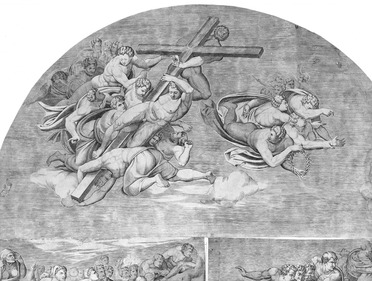 Engle bærer korset med hellige under øverste venstre del af den sidste dom, 1548., 1548. af Niccolo della Casa