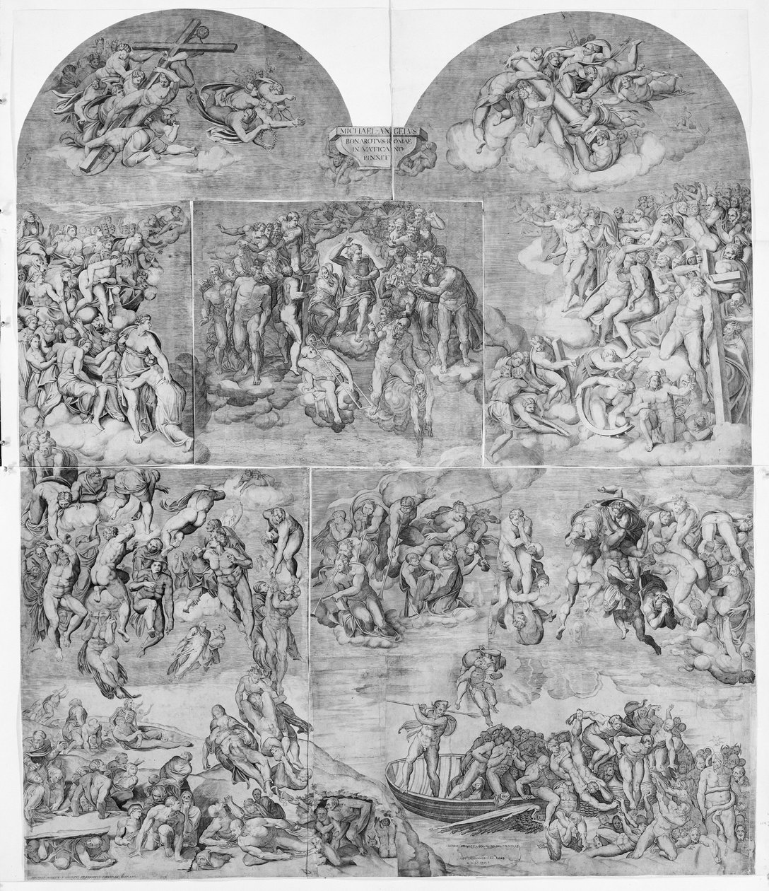 Trompeterende engle og forbandede sjæle bliver trukket ned af djævle nederst i midten og til højre sek..., 1548. af Niccolo della Casa