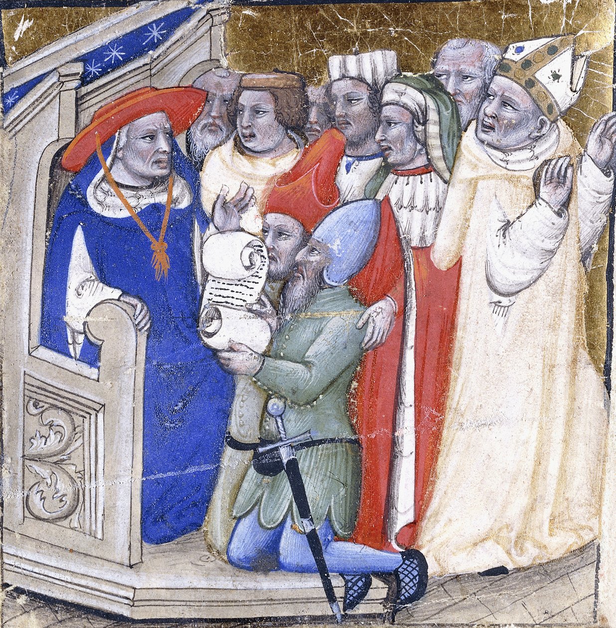 En kardinal, der sidder i dom over en biskop, anklaget af to lægmænd, ca. 1380 (maling og bladguld på vellum) af Niccolo di Giacomo