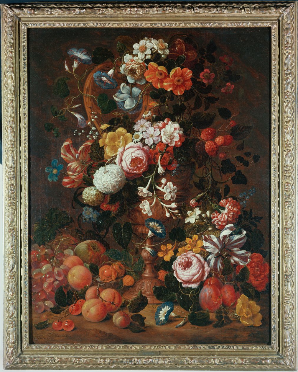 Roser, dahliaer, convolvulus, en tulipan og andre blomster, i en skulptureret urne, med druer, blommer og ferskner i nærheden af Nicholaes van Verendael