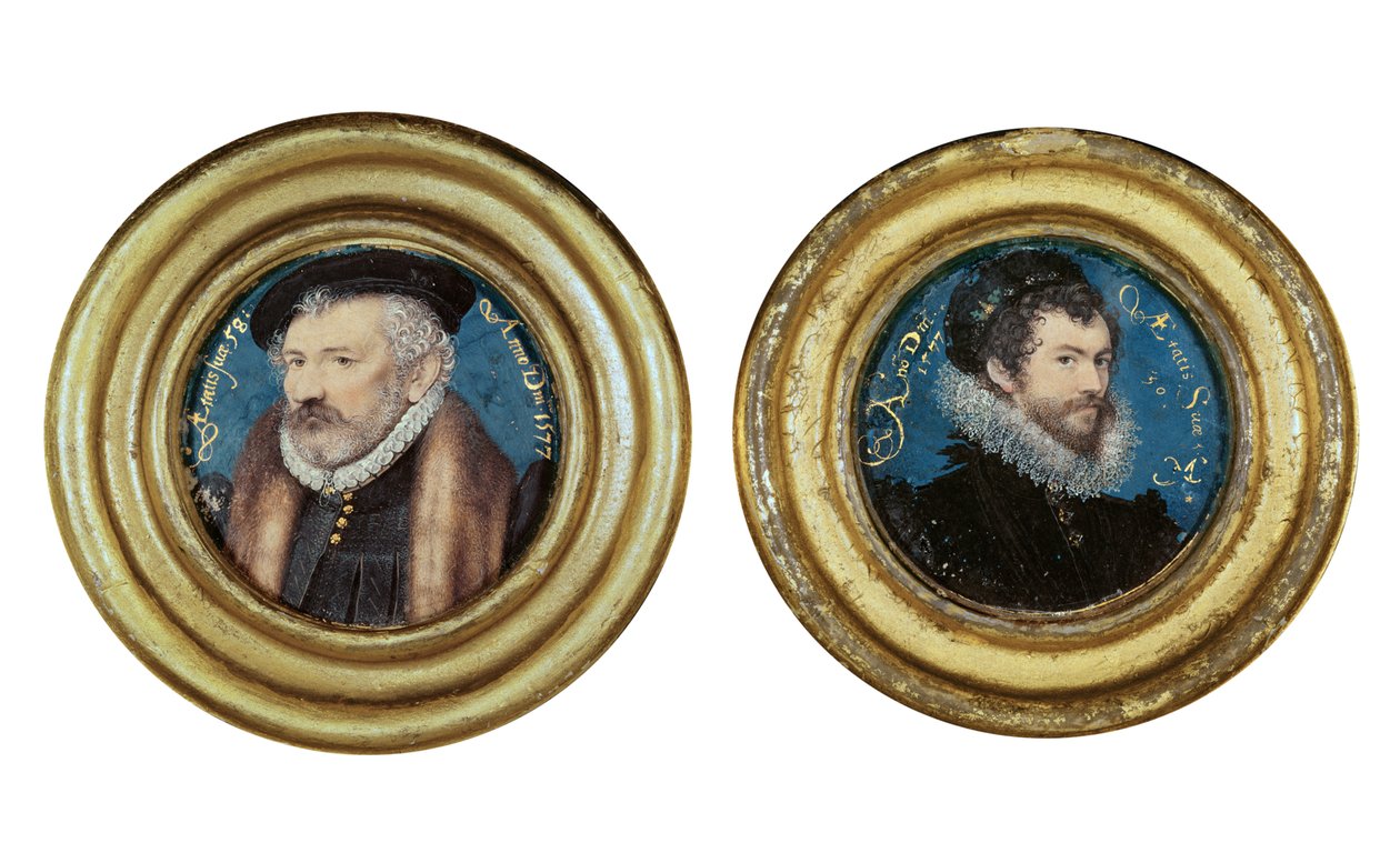 LtoR:Richard Hilliard (151819-94) kunstnerens far, ca. 1577, og selvportræt, 1577 (wc på vellum lagt på kortet) af Nicholas Hilliard