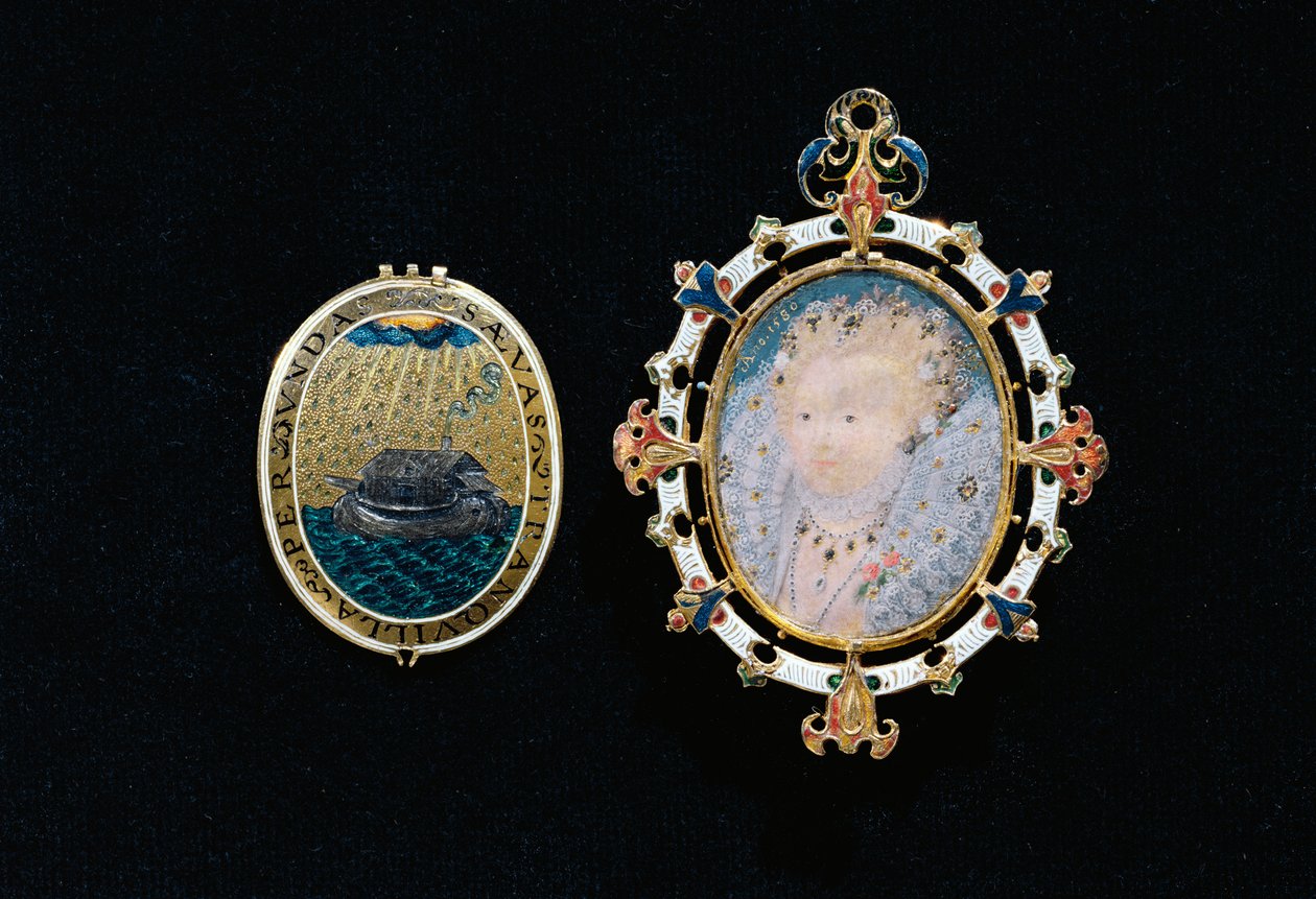 Heneage-juvelen eller Armada-juvelen, miniature af dronning Elizabeth I indesluttet i et juvelbelagt etui, ca. 1595 (emaljeret guld, bordslebne diamanter, burmesiske rubiner, bjergkrystal og en miniature) af Nicholas Hilliard