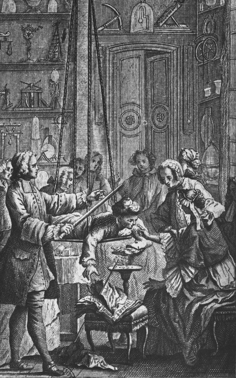 Elektrisk eksperiment lavet på en mand af Abbe Jean Antoine Nollet (1700-70) i et fysikerkabinet, frontispice-illustration fra 
