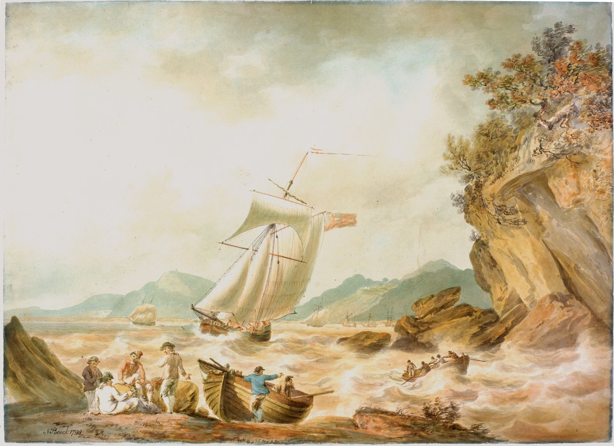 Kystscene med forsendelse (blyant og akvarel ombord) af Nicholas Pocock