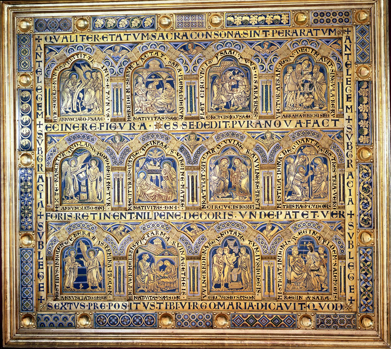 Verdun-alteret, med bibelske scener, 1181 (emaljearbejde) (venstre panel) (se 146820-146822) af Nicholas of Verdun