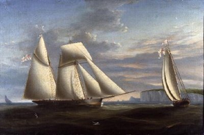 En topsejlsskonnert og en skonnert fra Royal Yacht Squadron ud for Dorsets kyst (panel) af Nicholas (circle of) Condy