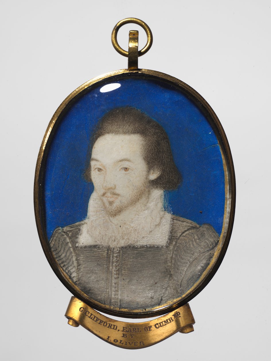 Portræt af en mand, ca. 1600 (w/c på vellum med guldkant i en forgyldt metalramme) af Nicholas (manner of) Hilliard