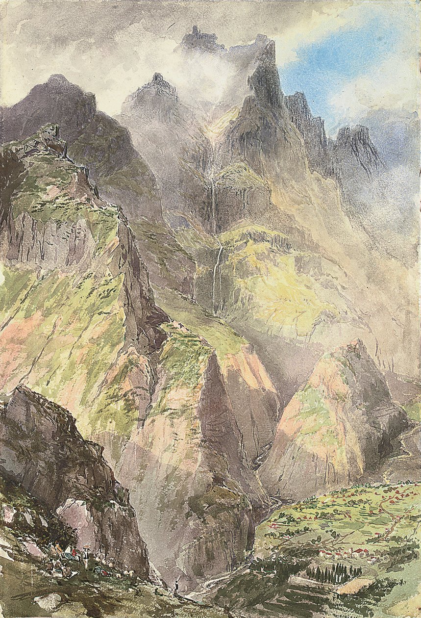 Grande Curral, Madeira, med en gruppe turister i forgrunden og Pico Grande bagved (akvarel på papir) af Nicholas Chevalier
