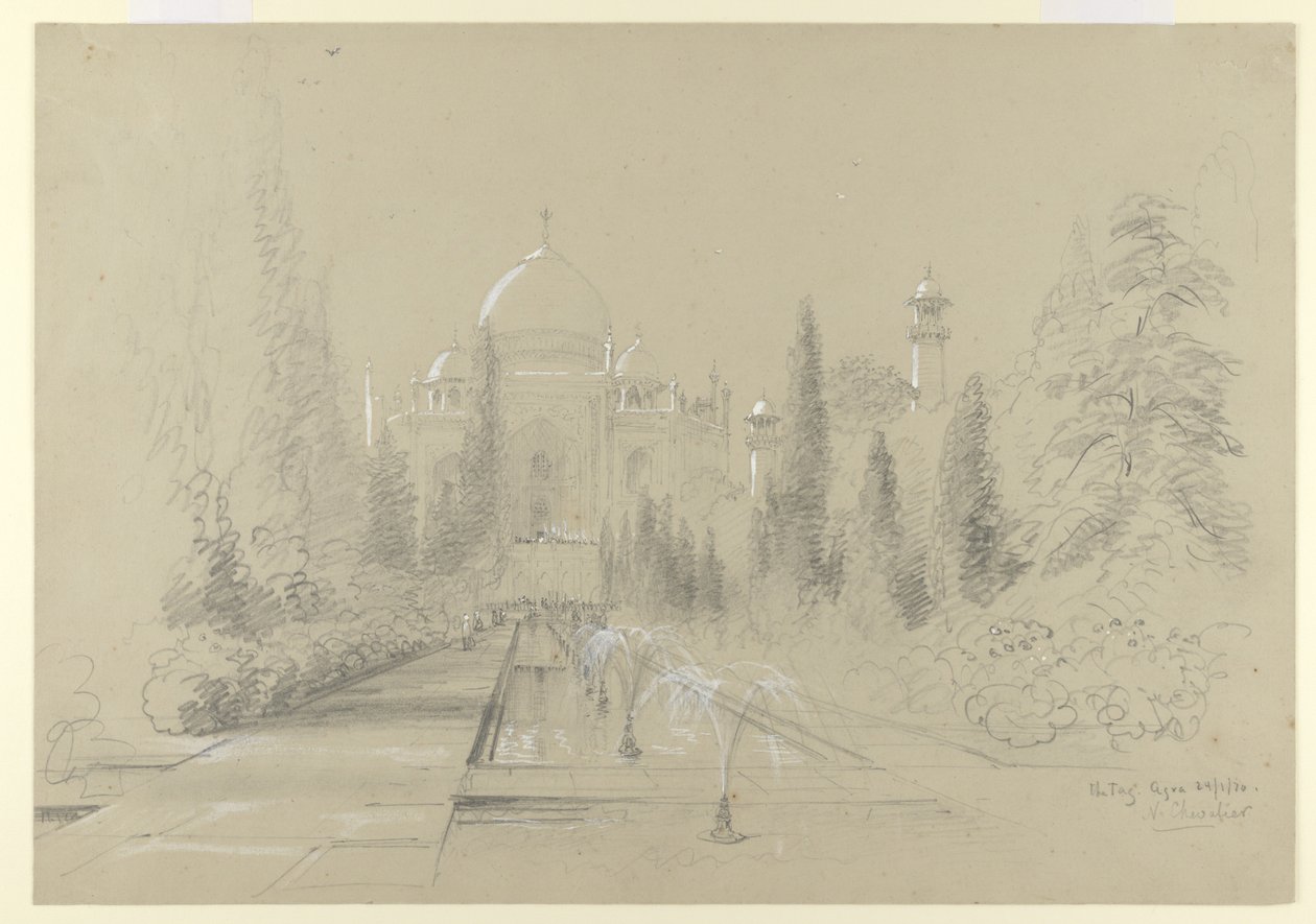 Taj Mahal, Agra, 24. januar 1870 (blyant med hvid forhøjning på papir) af Nicholas Chevalier