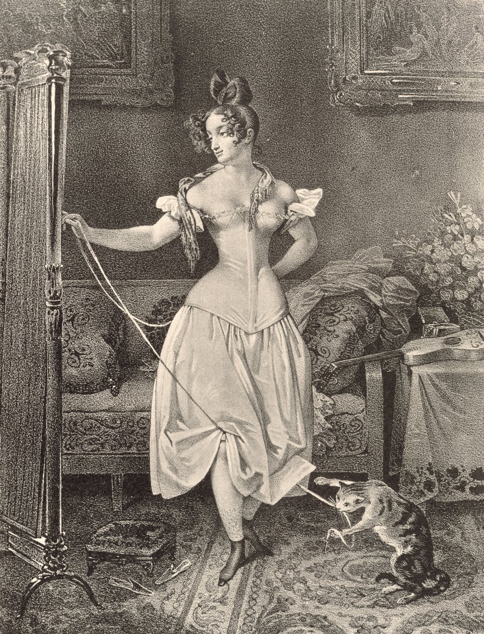 The Stay-lace, graveret af Alfred Leon Lemercier (19. århundrede) (litografi) af Nicholas Eustache (after) Maurin